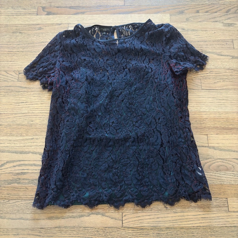 Talbots Womens Size 14 Navy Blue Lace Top Short Sleeve Green Lining Eyelash Hem